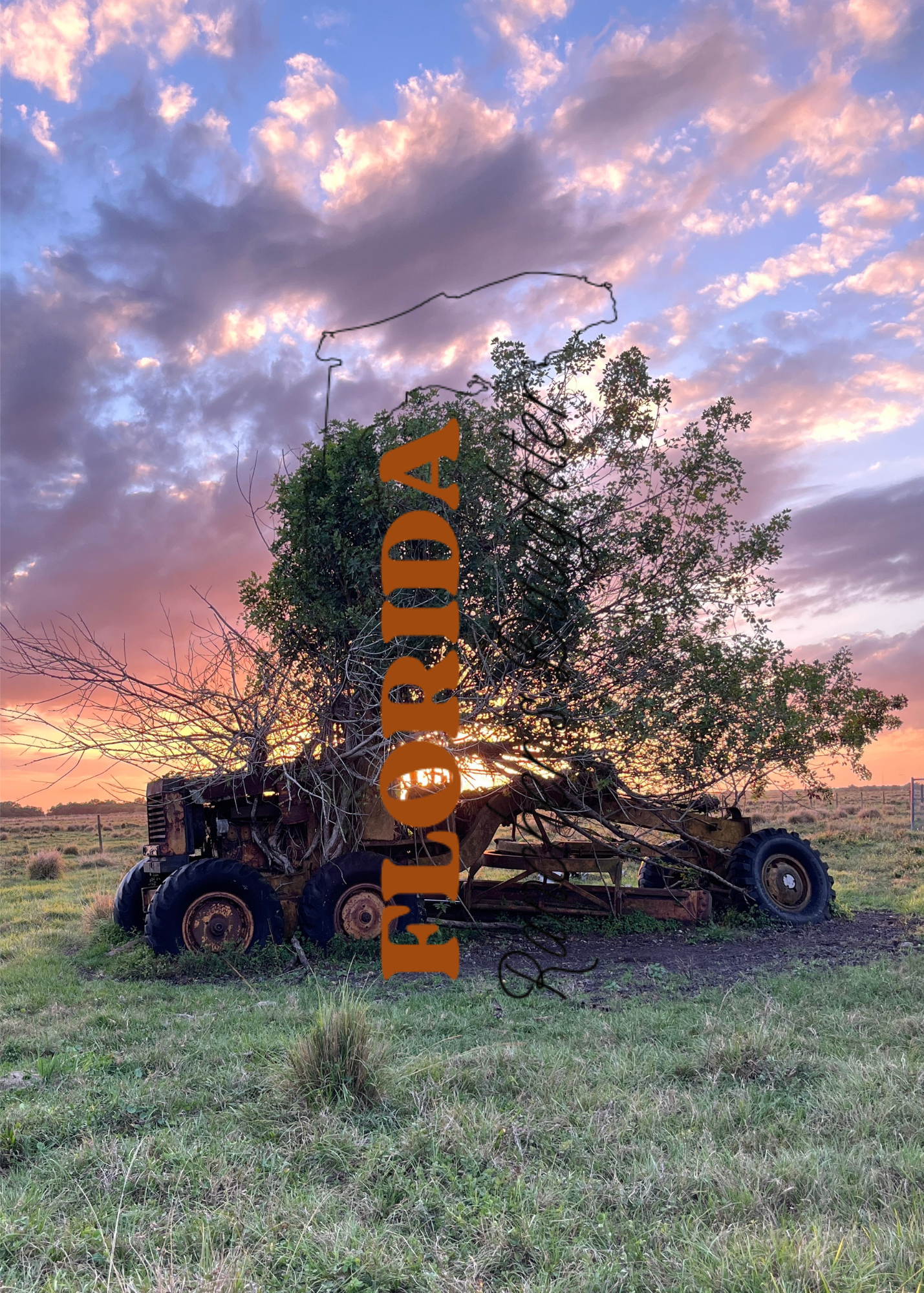 Tractor in a field with 'FLORIDA' text and a colorful sky.